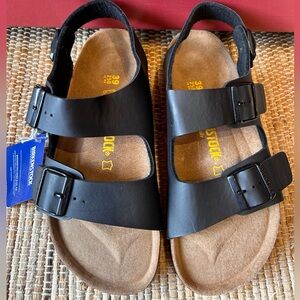 NWT BIRKENSTOCK s39 ‘Milano’ blk leather sandal-unisex-retro inspired-$135 new
